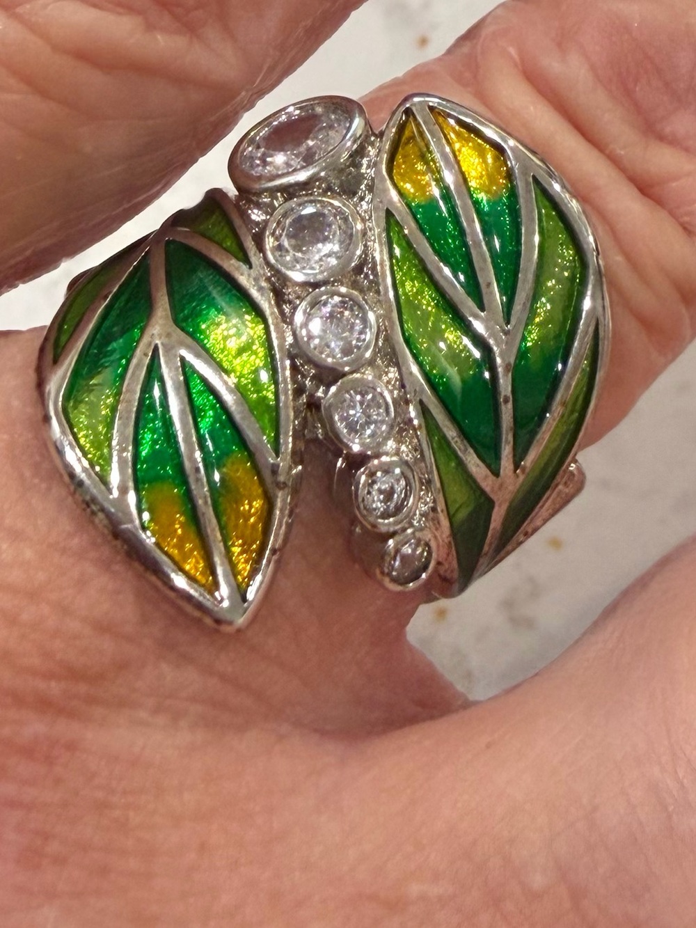 Vibrant Art Nouveau Style Sterling Silver Green Enamel Leaf Bypass Cocktail SZ 6